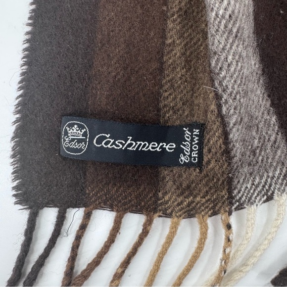 Edsor Crown 100% Cashmere Brown and Tan‎ Plaid Scarf with Fringe - Picture 4 of 6